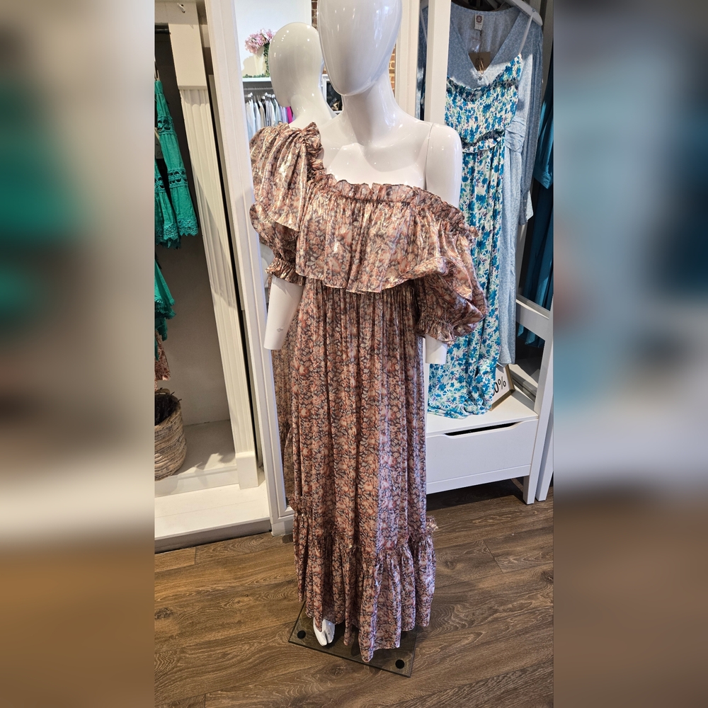 LoveShackFancy Boho Ruffle Maxi Dress in Pink Floral | Off Shoulder Romantic Sty